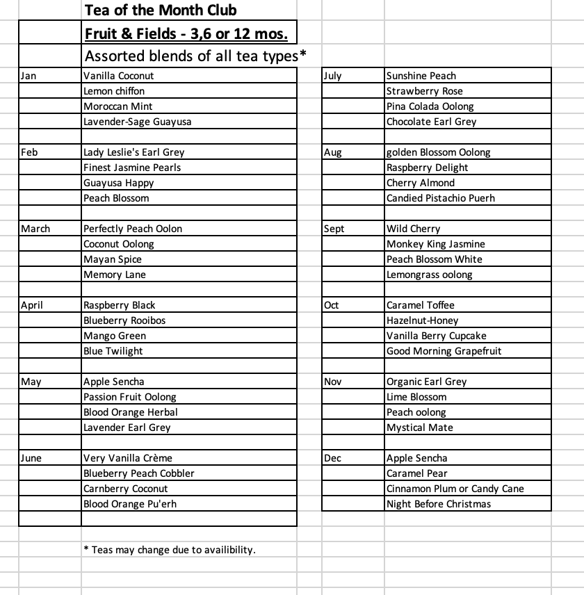 Fruit & Fields: Assorted flavored teas; several caffeine-free blends as well.