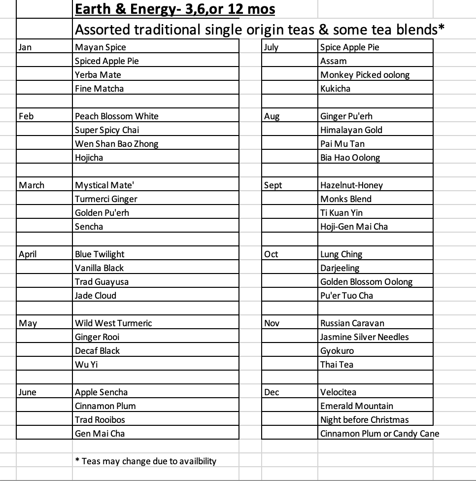 Earth & Energy: Traditional single origin teas; several tea blends,and a few caffeine-free selections.